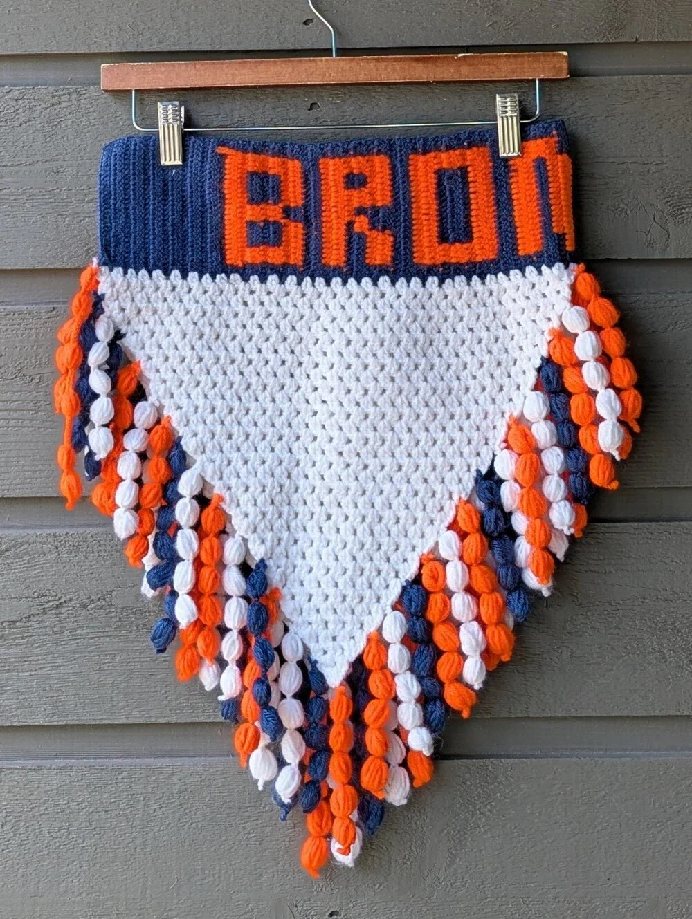 Handmade NFL Denver Broncos Knit Fringe Banner Blue Orange White